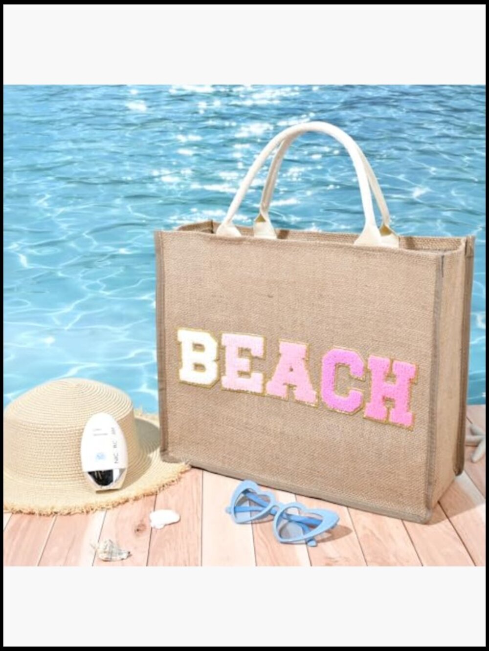 Large Woven Straw Tote Beach Bag with Chenille Patches Water-Resistant Lining - Picture 3 of 7